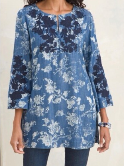 Chico's Blue Floral Embroidered Kurta Long-Sleeve Tunic Top Denim New